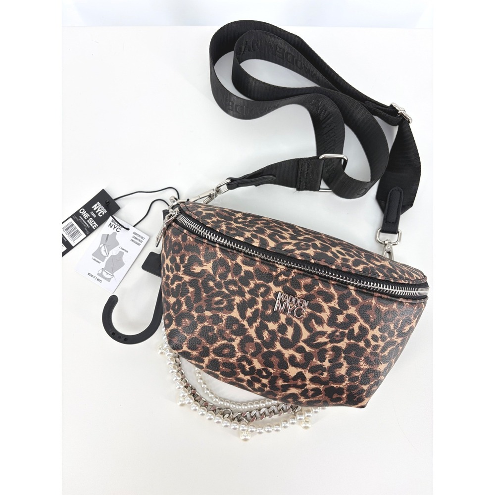Madden NYC Fannypack Crossbody Leopard Pearl Chain Convertible Compact